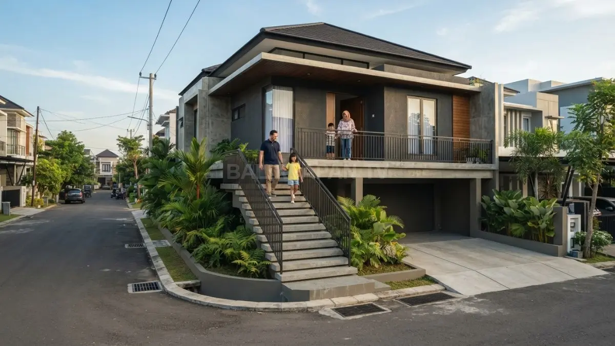 Elevasi lantai rumah modern Samarinda dirancang menyatu dengan teras, akses penghuni, carport, dan drainase lingkungan. (BTV/AI)