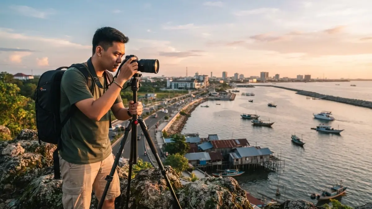 Fotografer pemula memotret lanskap pesisir Balikpapan sambil memanfaatkan cahaya sore dan komposisi rule thirds (BTV/AI)