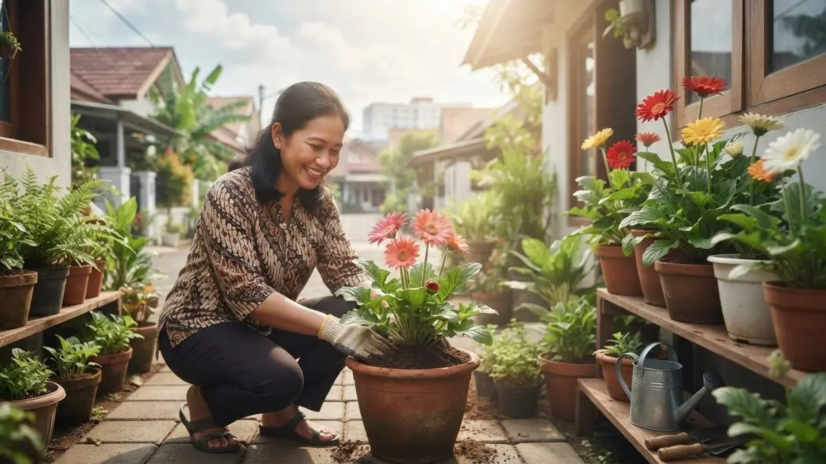 Ilustrasi Gerbera dalam pot menjadi pilihan untuk mempercantik pekarangan sempit dengan bunga warna-warni dan perawatan yang tepat. (BTV/AI)