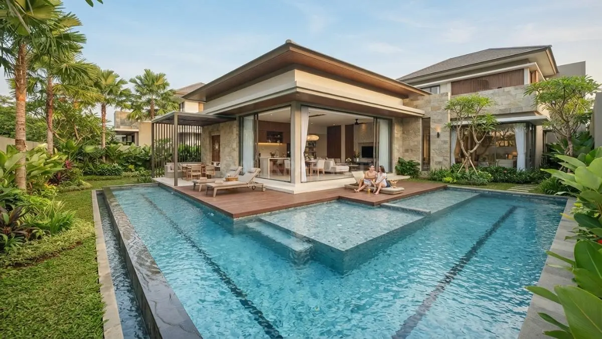 Ilustrasi L-shaped pool memaksimalkan sudut halaman dengan membagi area berenang, bersantai, taman, dan teras secara fungsional. (BTV/AI)