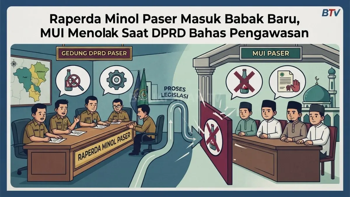 Ilustrasi Raperda minol Paser memasuki pembahasan lanjutan DPRD, sementara MUI menyampaikan penolakan terhadap arah regulasi. (BTV/AI)