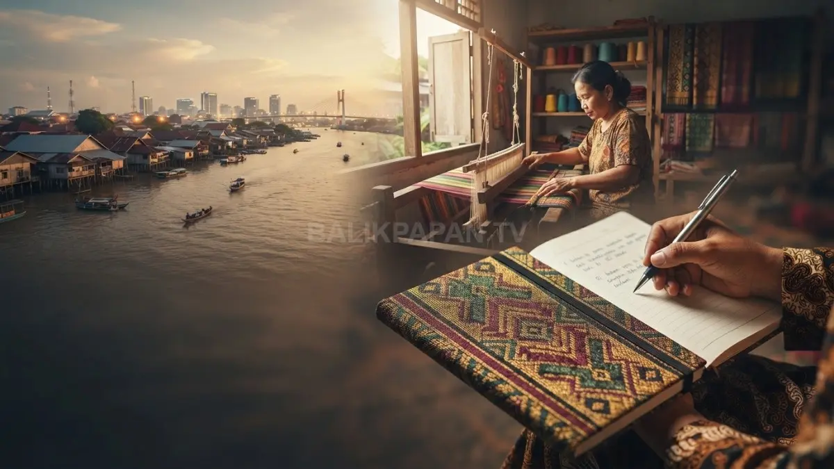 Inspirasi tenun Samarinda memperkuat karakter notebook agar fungsional, indah, dan membawa sentuhan budaya lokal (BTV/AI)