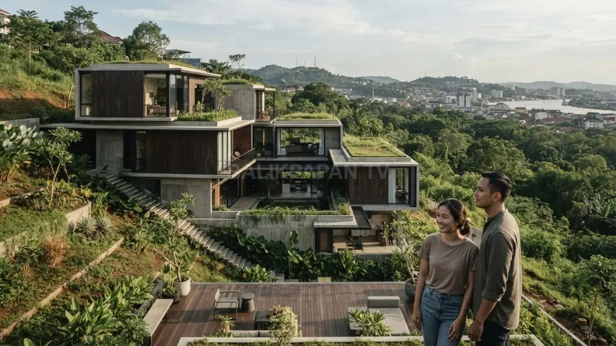 Massa rumah saling terhubung dengan courtyard dan level berbeda, merespons karakter lahan Samarinda secara adaptif (BTV/AI)