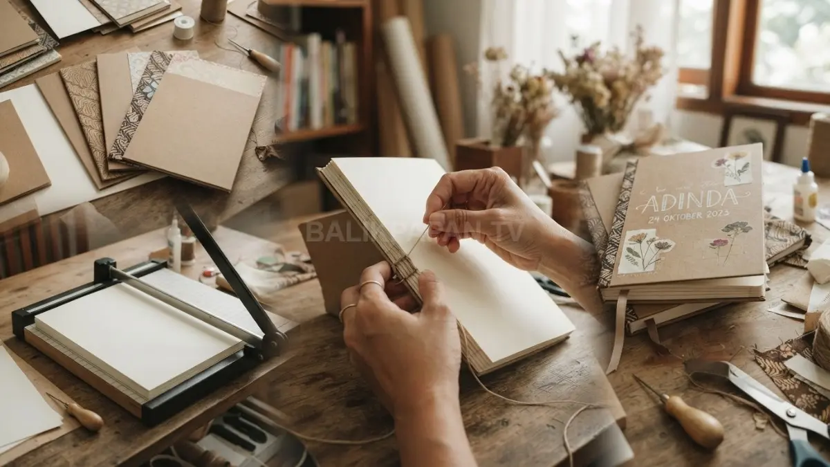 Notebook custom dibuat dari kertas dan karton sederhana, dihias kain bermotif, lalu dipersonalisasi dengan nama pemiliknya. (BTV/AI)