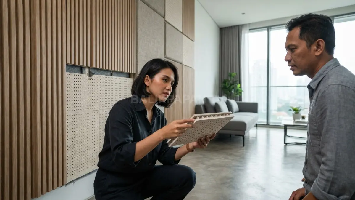 Panel akustik bertekstur membantu menyerap pantulan suara, tetapi kinerjanya bergantung material dan konstruksi sistem. (BTV/AI)
