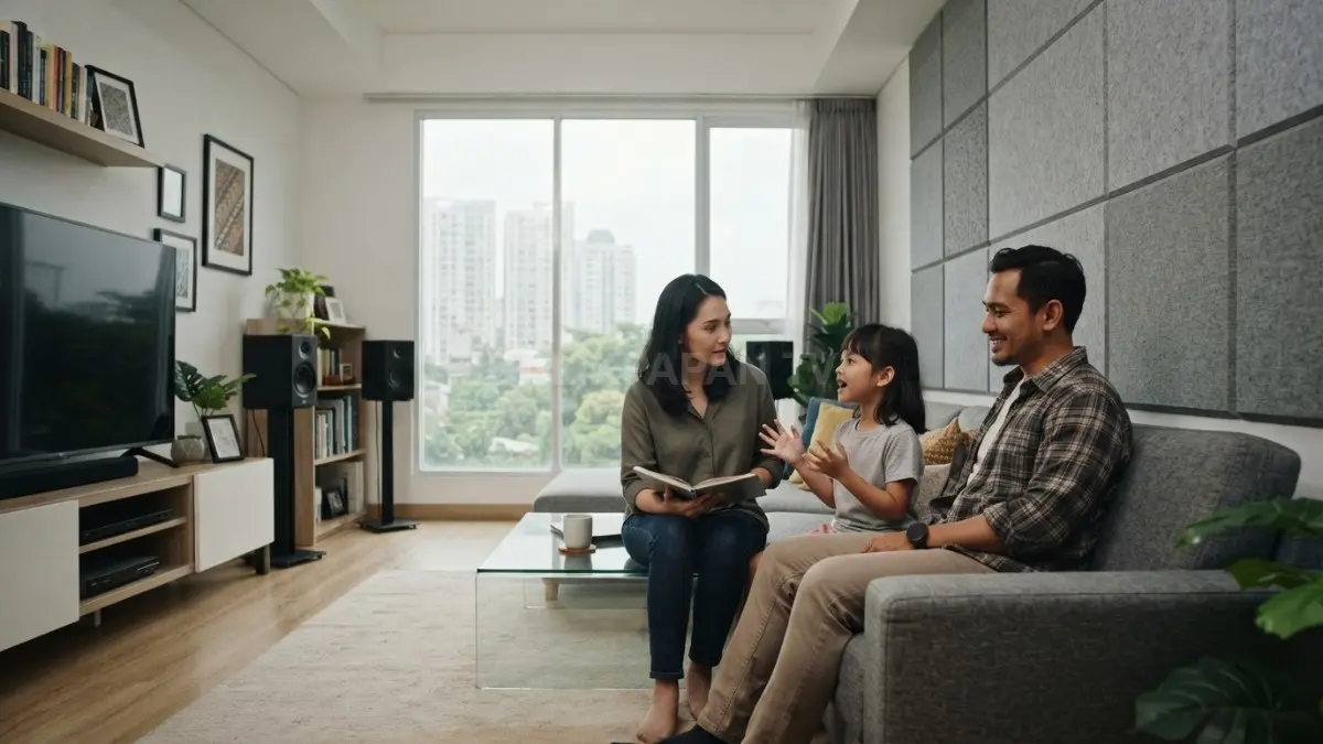 Panel akustik membantu menyerap pantulan suara sehingga percakapan ruang keluarga terasa lebih jelas dan nyaman. (BTV/AI)