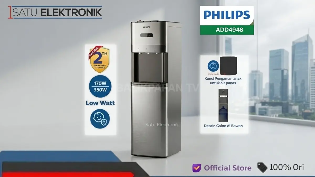 Philips ADD4981BKAK/70 menggunakan sistem galon bawah yang memudahkan penggantian galon tanpa perlu mengangkatnya ke bagian atas dispenser.