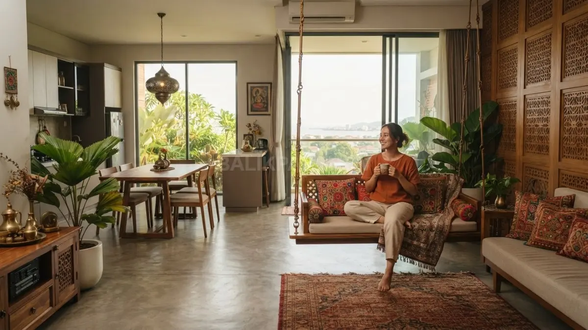 Ruang keluarga bergaya India memadukan kayu, tekstil etnik, karpet, dan jhoola sebagai aksen hangat (BTV/AI)