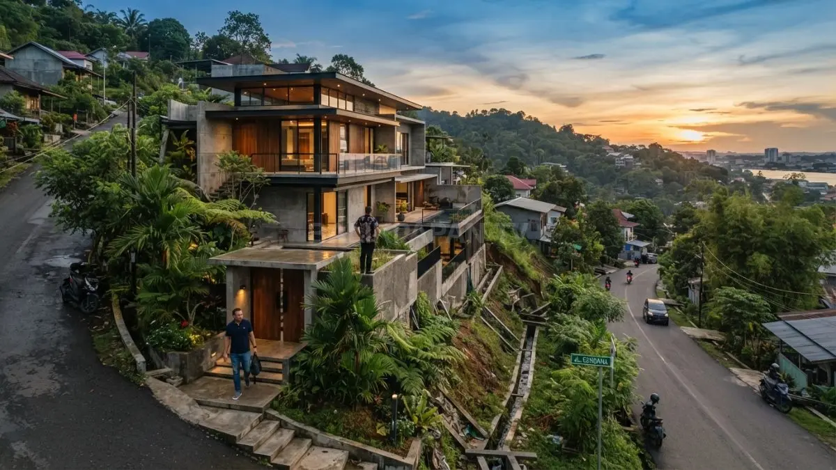 Rumah di lahan berkontur Samarinda dirancang mengikuti elevasi untuk mengurangi pekerjaan tanah dan mengatur aliran air (BTV/AI)