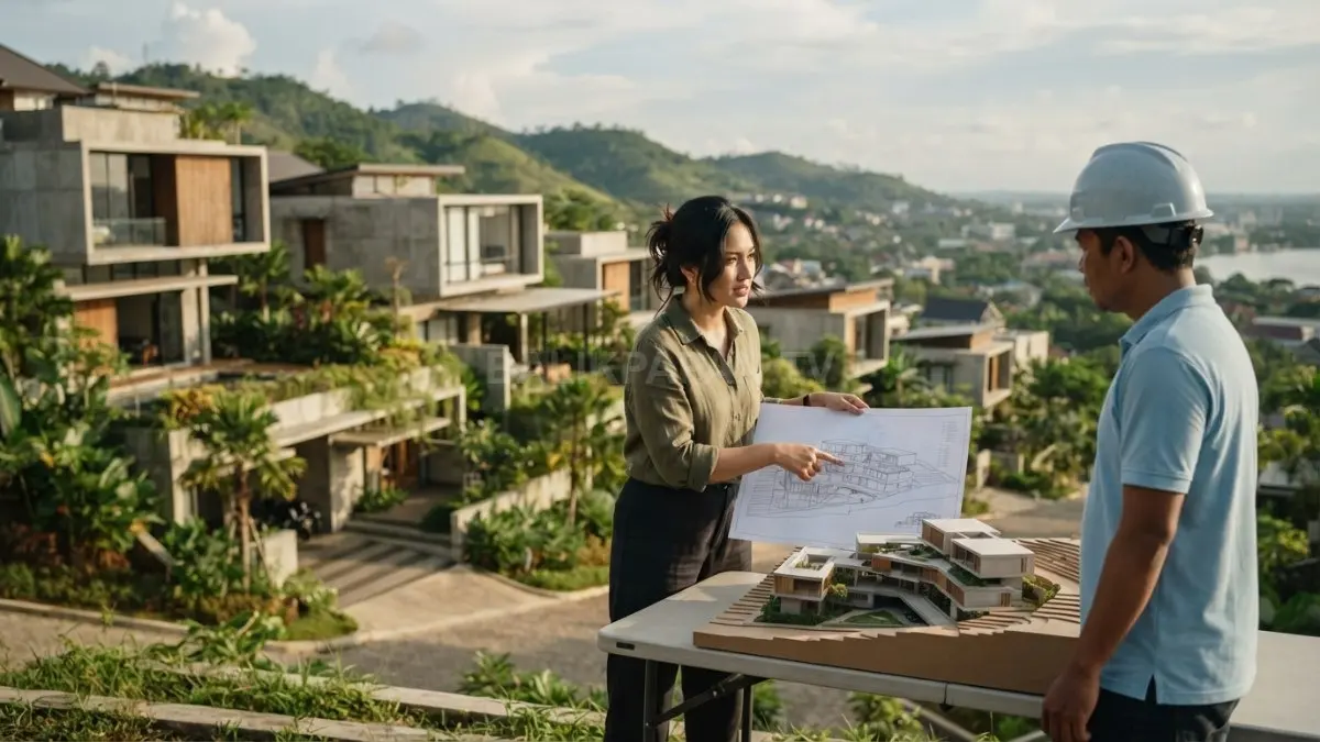 Rumah Interlace Samarinda memadukan massa bangunan, courtyard, dan perbedaan level untuk merespons karakter lahan. (BTV/AI)