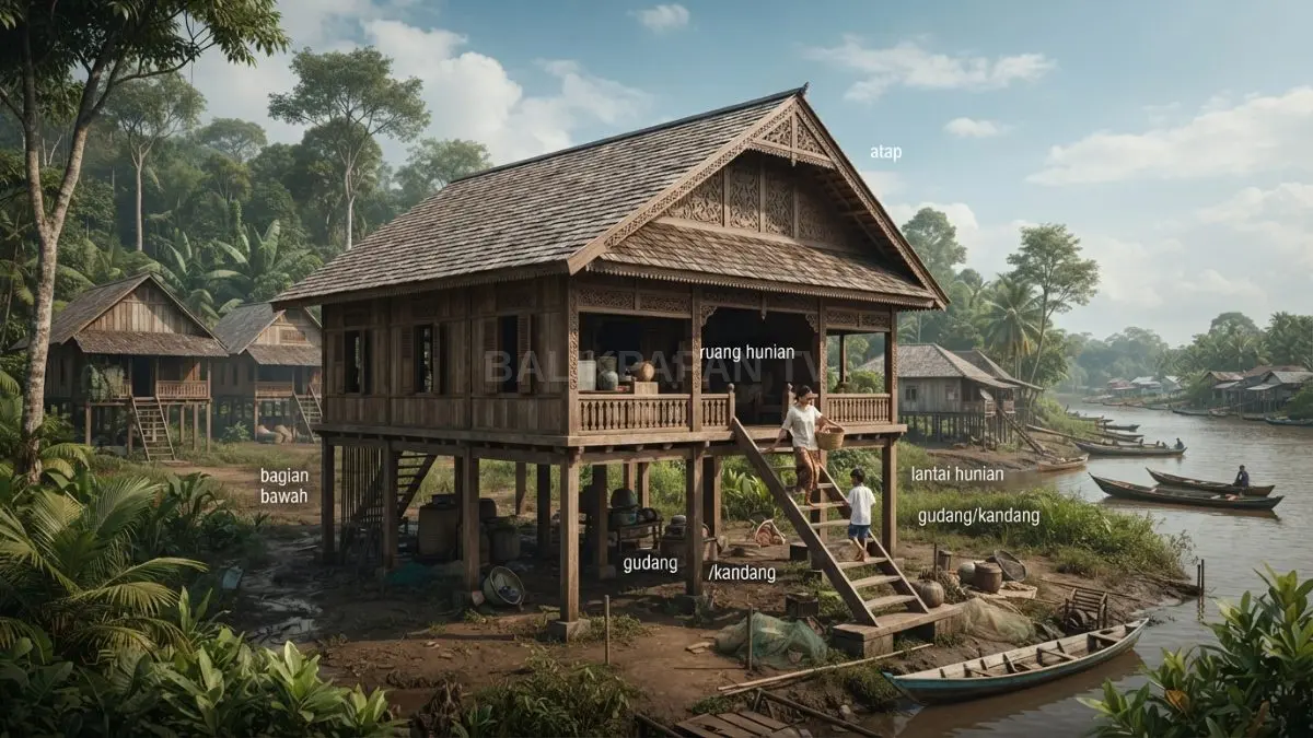 Rumah Kutai berdiri di atas struktur panggung untuk menyesuaikan hunian dengan kondisi lingkungan setempat [BTV:AI]