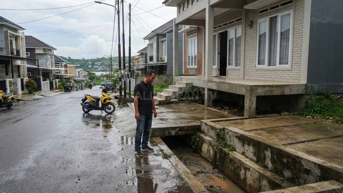 Rumah Samarinda ditinggikan untuk menghadapi genangan, sementara drainase dan aliran air tetap perlu diperhatikan. (BTV/AI)