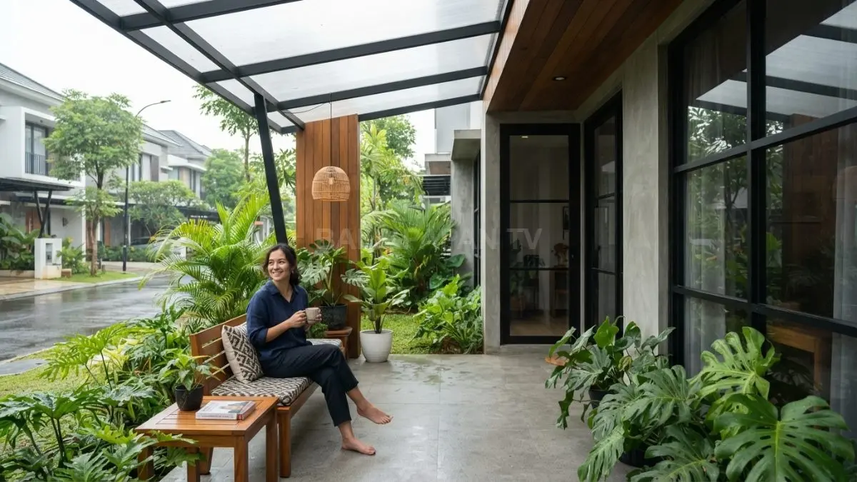 Teras dan kanopi menjadi ruang transisi sekaligus perlindungan bukaan rumah dari panas serta hujan tropis (BTV/AI)