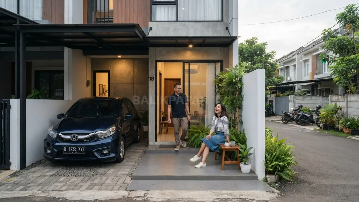 Area carport dan teras dirancang efisien agar tidak menghabiskan seluruh lahan rumah compact (BTV/AI)