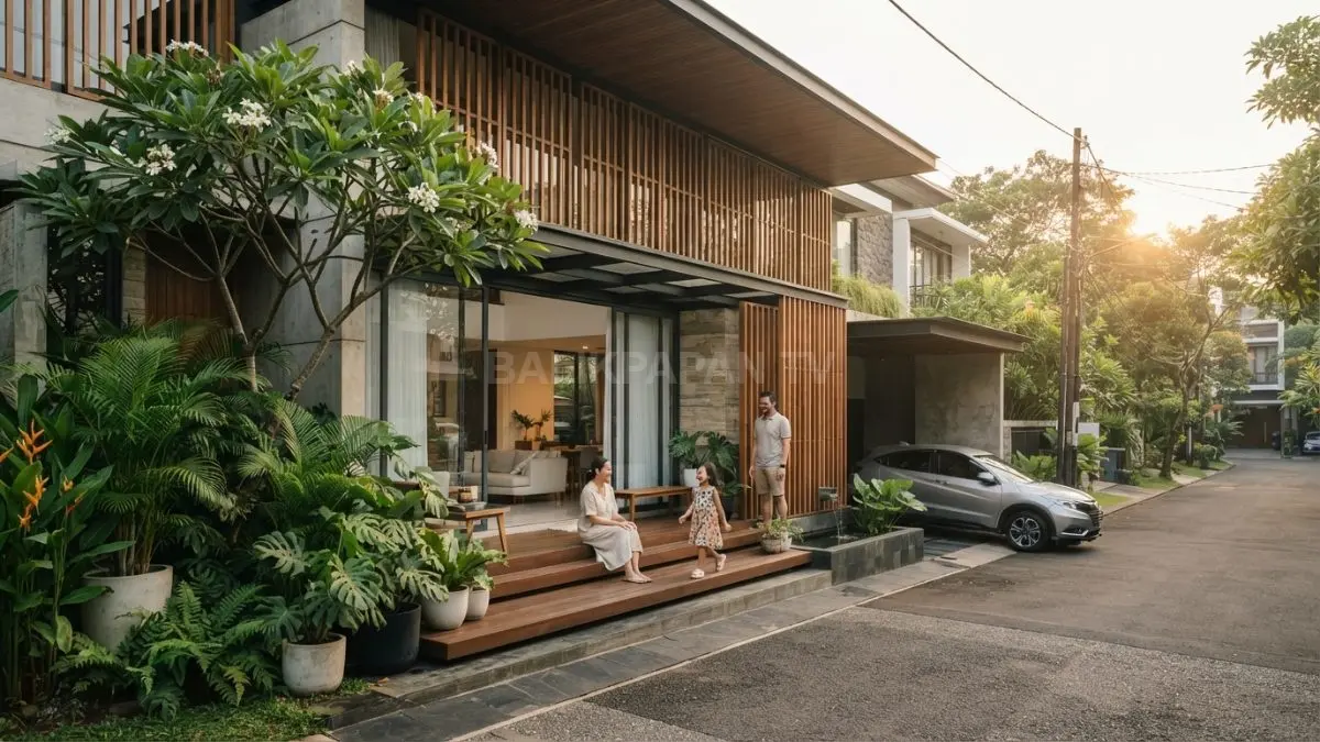 Fasad rumah modern tropis menggunakan bukaan terukur, teras, dan vegetasi sebagai elemen desain lingkungan (BTV/AI)
