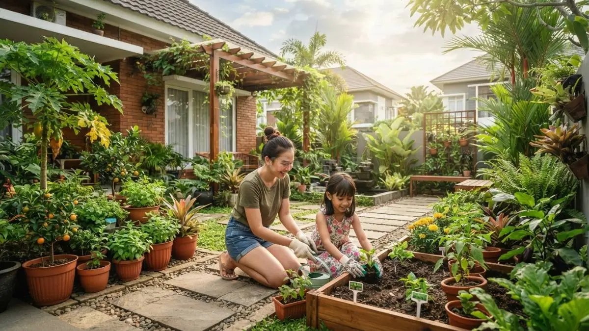 Halaman kecil Balikpapan ditata dengan tanaman bertingkat, jalur bebas pot, dan kebun keluarga ramah anak. (BTV/AI)