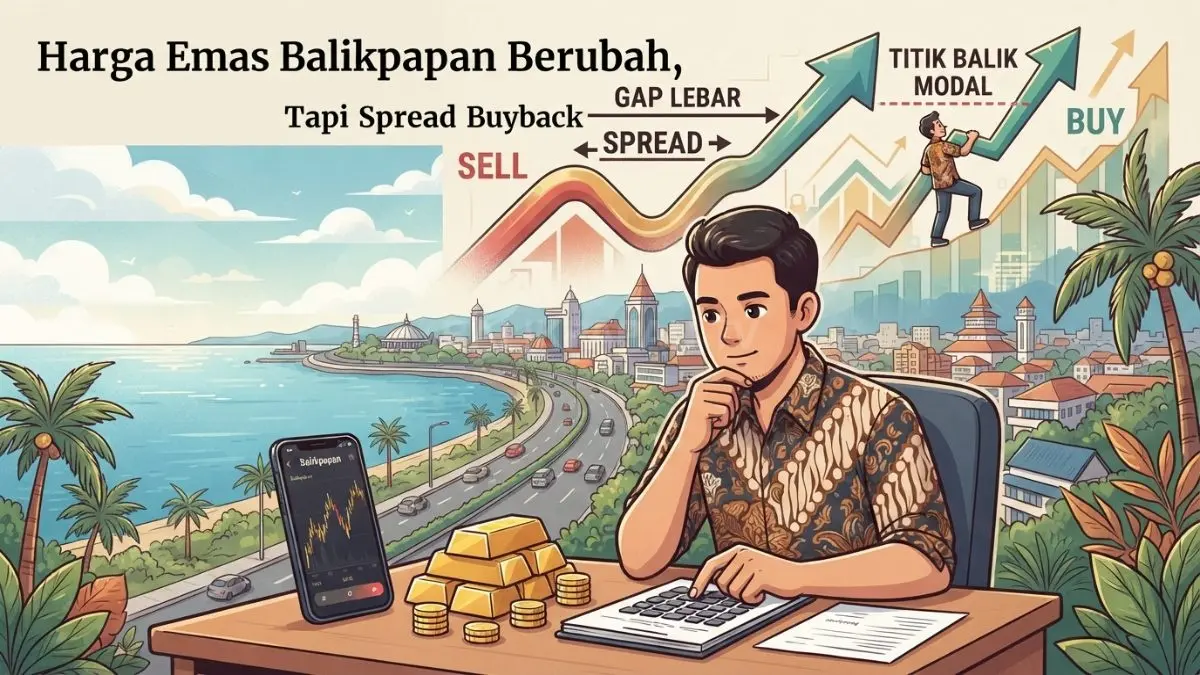 Ilustrasi emas batangan dan grafik harga menunjukkan pentingnya menghitung spread harga beli dengan buyback. (BTV/AI)