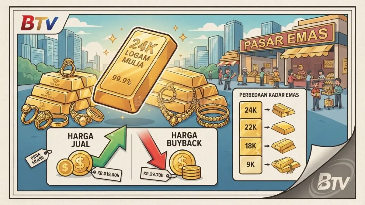Ilustrasi emas batangan dan perhiasan dengan perbedaan kadar, merek, serta harga jual dan buyback di pasaran. (BTV/AI)