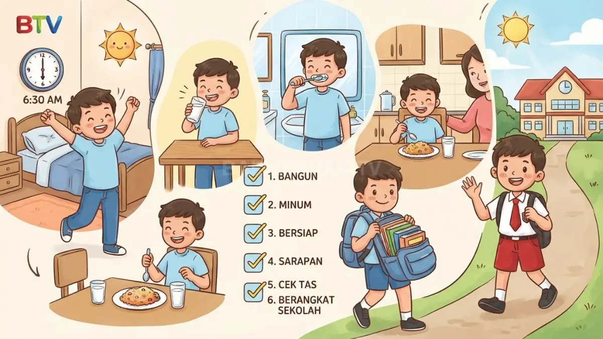 Ilustrasi kartu rutinitas pagi pelajar berisi checklist bangun, minum, bersiap, sarapan, cek tas, dan berangkat sekolah. (BTV/AI)