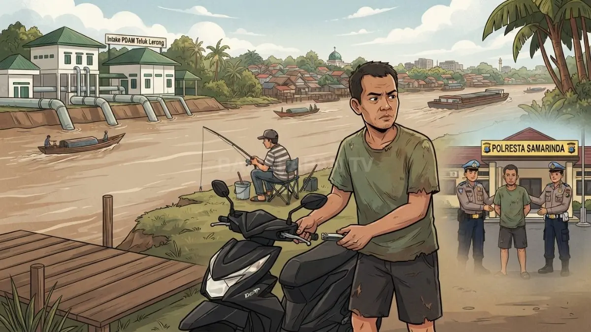 Ilustrasi pria mencuri sepeda motor saat korban memancing di kawasan Intake PDAM Teluk Lerong, Samarinda. (BTV/AI)