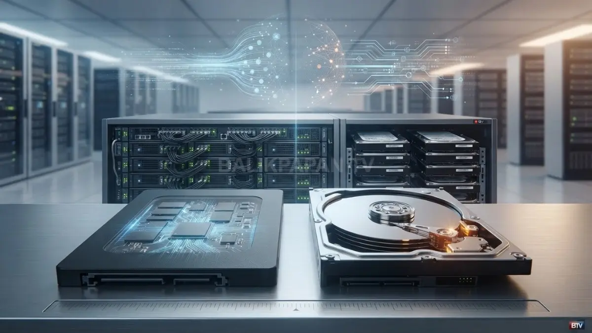 Ilustrasi SSD dan HDD komputer berdampingan dengan tampilan komponen penyimpanan modern dan ruang penyimpanan data digital. (BTV/AI)