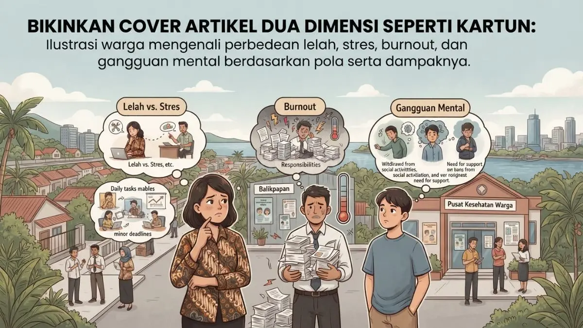 Ilustrasi warga mengenali perbedaan lelah, stres, burnout, dan gangguan mental berdasarkan pola serta dampaknya. (BTV/AI)