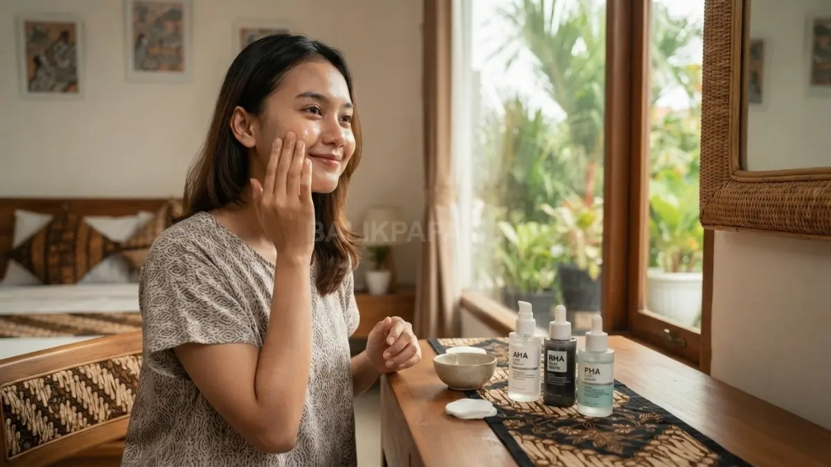 Perempuan menggunakan skincare eksfoliator AHA, BHA, dan PHA di kamar bernuansa tropis Balikpapan. (BTV/AI)