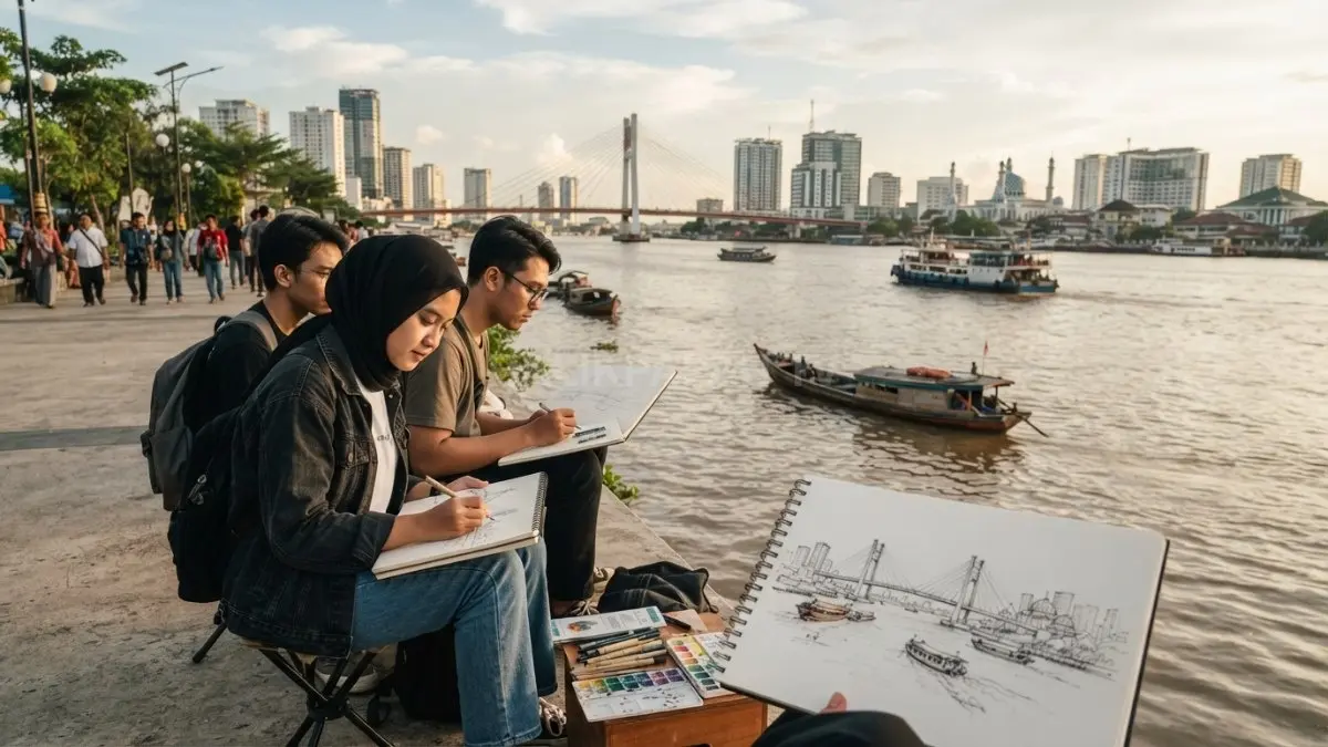 Sungai Mahakam dan lanskap Samarinda menjadi inspirasi objek latihan urban sketching bagi pemula (BTV/AI)