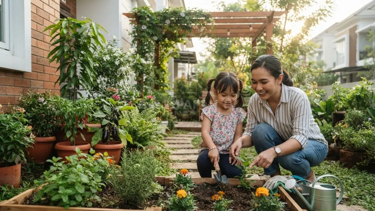 Susunan tanaman berlapis membuat halaman kecil lebih rapi, mudah dirawat, dan aman dijangkau anak bersama orang dewasa. (BTV/AI)