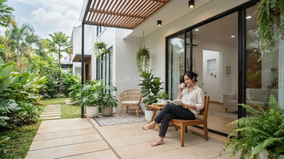 Teras rumah Scandinavian menjadi ruang transisi teduh antara halaman dan area dalam rumah (BTV/AI)
