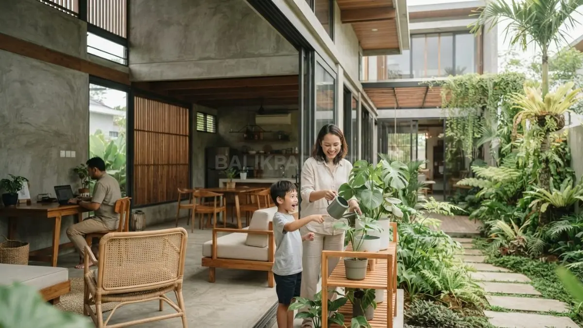 Vegetasi tropis ditempatkan strategis sebagai peneduh, pembatas visual, dan elemen transisi pada Breathing House (BTV/AI)