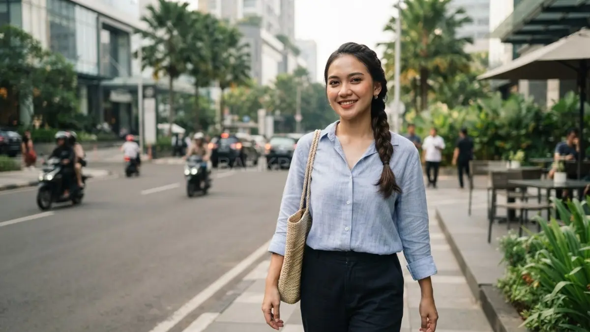 Kepang sederhana membantu rambut tetap terkumpul dan praktis menghadapi cuaca lembap tanpa tarikan berlebihan. (BTV/AI)