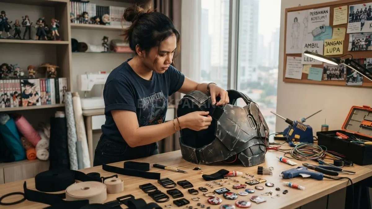 ilustrasi Perpaduan Velcro, strap, pin, dan attachment lain untuk persiapan emergency repair cosplay. (BTV/AI)