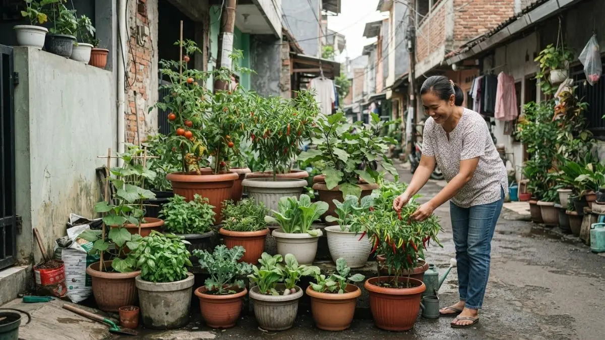 Kebun bertingkat dengan pot berukuran berbeda menghemat ruang dan menciptakan lapisan tanaman yang rapi serta mudah dipanen.