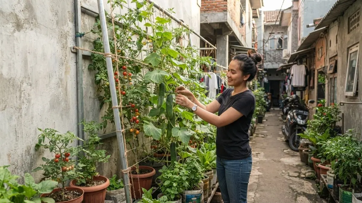 Kebun sayur vertikal di halaman rumah sempit kawasan perkotaan dengan pot bertingkat dan tanaman hijau.