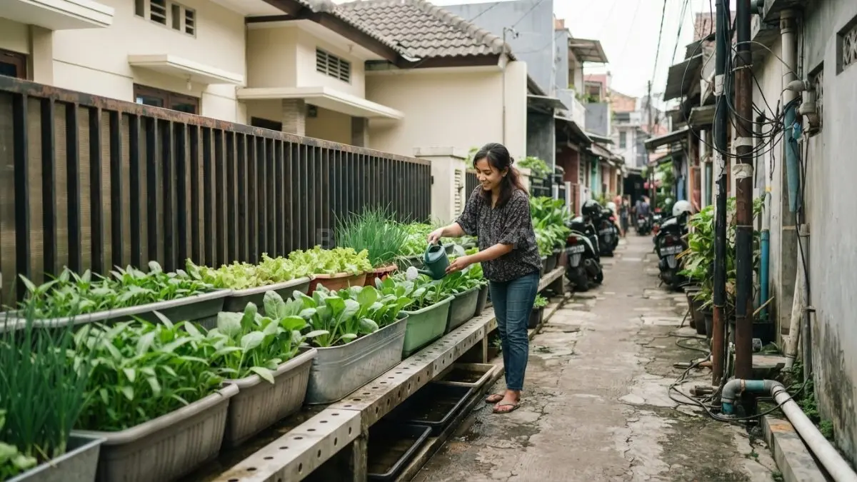 Pot memanjang di sepanjang pagar memaksimalkan ruang sempit untuk menanam sayuran dan herbal yang mudah dirawat.
