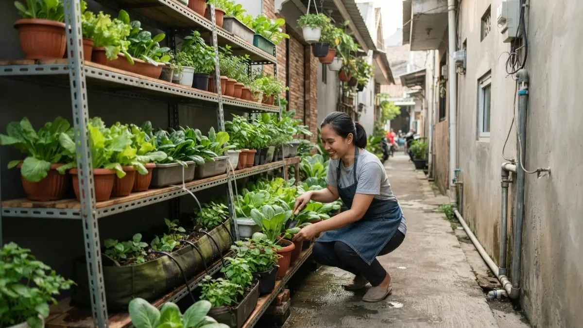 Rak vertikal memanfaatkan ruang sempit di sisi rumah untuk menanam sayuran secara rapi, praktis, dan hemat tempat.