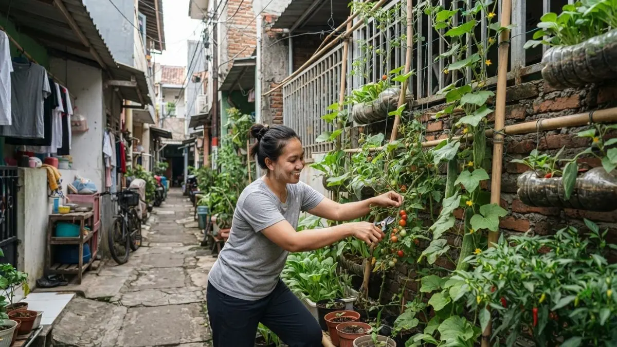 Tanaman merambat pada dinding memanfaatkan ruang vertikal tanpa mengurangi area lantai di lahan sempit.