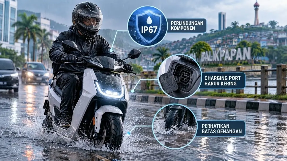 Motor listrik melaju di jalan basah saat hujan dengan fokus pada perlindungan komponen elektrikal.