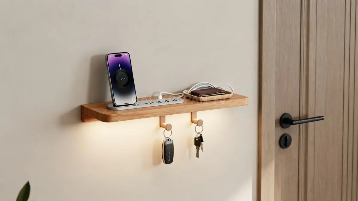 Area pintu masuk rumah dengan tray kunci dan keranjang khusus barang untuk aktivitas esok hari.