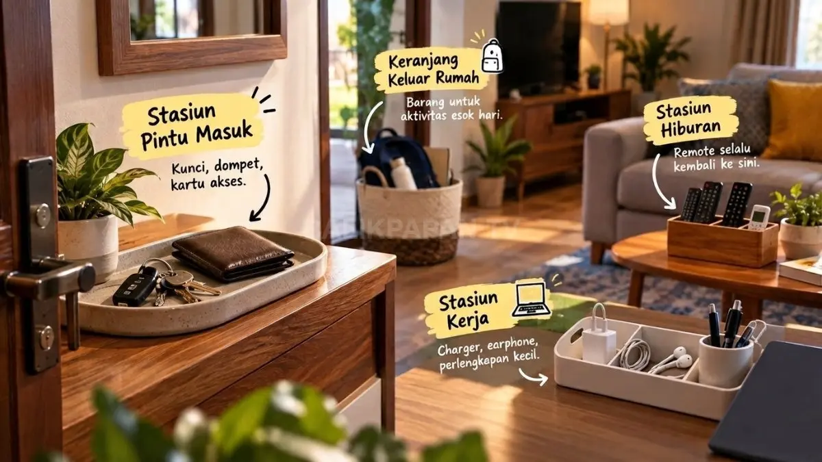 Ilustrasi rumah dengan “Stasiun Pulang” untuk kunci, charger, remote, dan barang yang akan dibawa keluar.