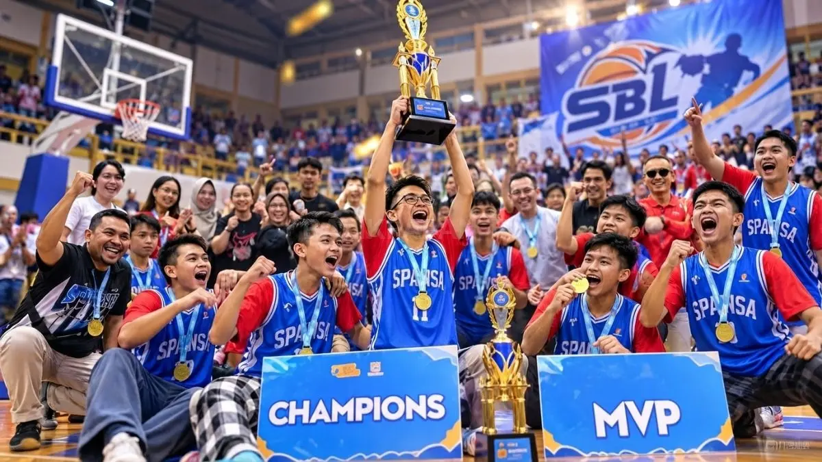 Spansa Balikpapan merayakan gelar juara SBL 2026 kategori SMP Putra di GOR Segiri Samarinda.