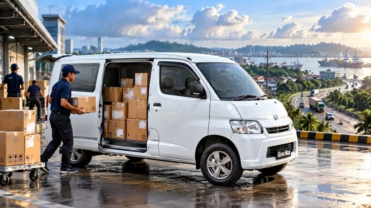 Gran Max sebagai kendaraan ekspedisi di lingkungan tropis Kalimantan Timur, dengan paket barang, jalan basah, dan suasana operasional logistik.