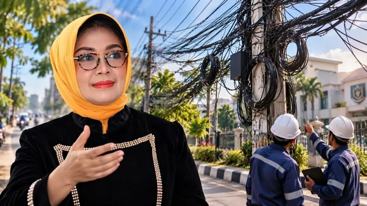 Ilustrasi jaringan kabel listrik dan telekomunikasi yang semrawut di kawasan perkotaan Bontang
