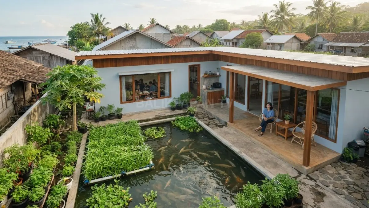 Rumah berbentuk L mengelilingi kolam bandeng produktif, dilengkapi rak kangkung, tanaman bumbu, dan pohon buah.