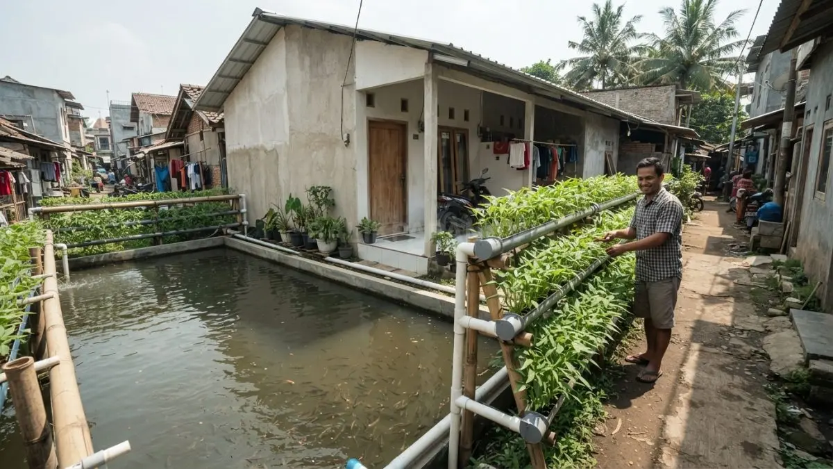 Rumah memanjang memanfaatkan lahan sempit dengan kolam bandeng dan rak kangkung di sisi bangunan.