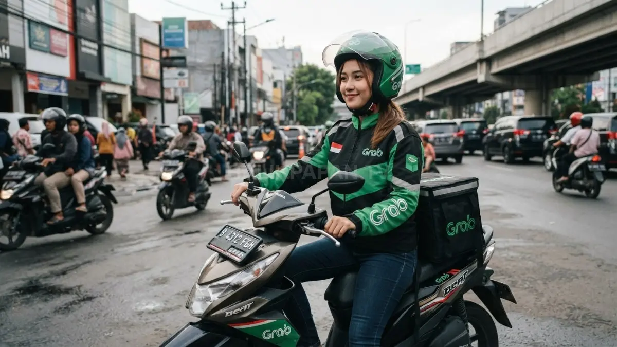 Aktivitas kurir ojol mengantarkan pesanan makanan di jalan perkotaan.