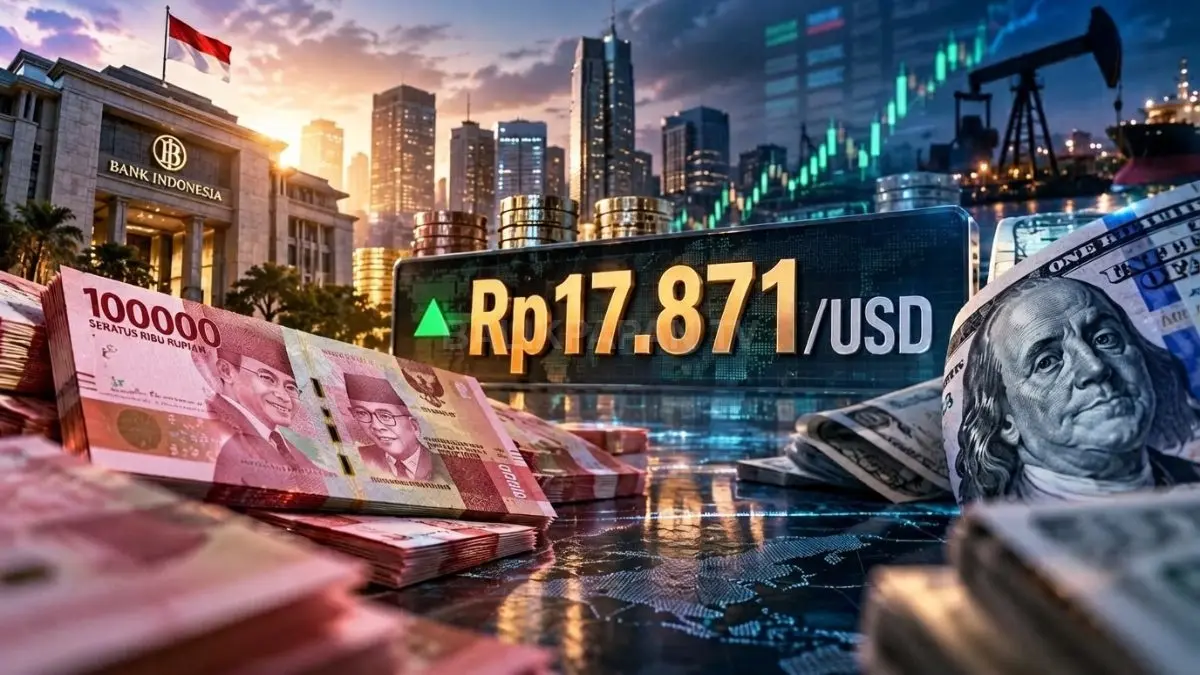 Ilustrasi editorial rupiah Indonesia menghadapi tekanan dolar AS dengan simbol kurs Rp17.871 dan cadangan devisa sebagai bantalan stabilitas ekonomi.