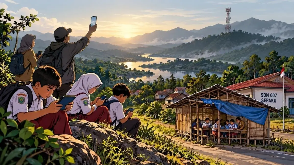 Ilustrasi warga dan pelajar pelosok Kaltim mencari sinyal internet di kawasan perbukitan.