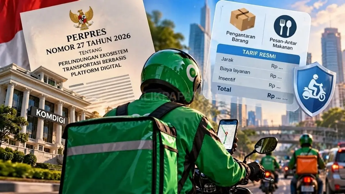 Kurir ojek online melihat aplikasi pesanan di tengah aktivitas pengantaran barang dan makanan.
